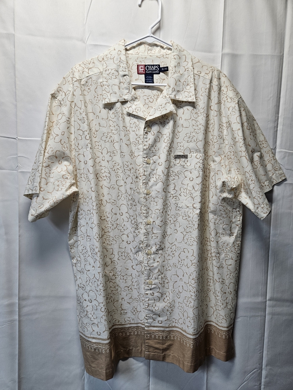 Chaps Ralph Lauren Cream and Brown Cotton Floral Short-Sleeve Shirt NWOT XL